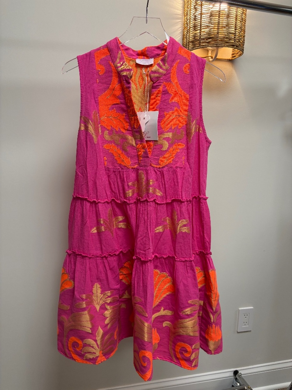 Lace Pink & Orange Embroidered Tiered Mini Dress